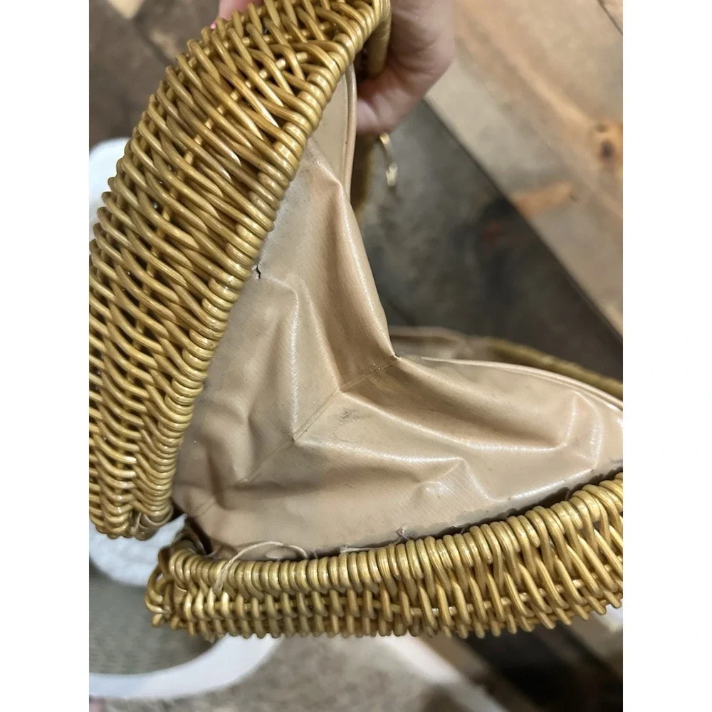 Vintage 50s 60s Coated Wicker Handbag purse Gold‎ Handles